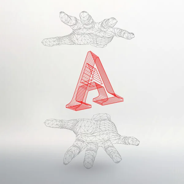 Vector illustration of letter A and hand of lines. Fonts of Mesh polygonal. The structural grid of polygons. Abstract Creative concept vector background. Molecular lattice. Polygonal design style — 图库矢量图片