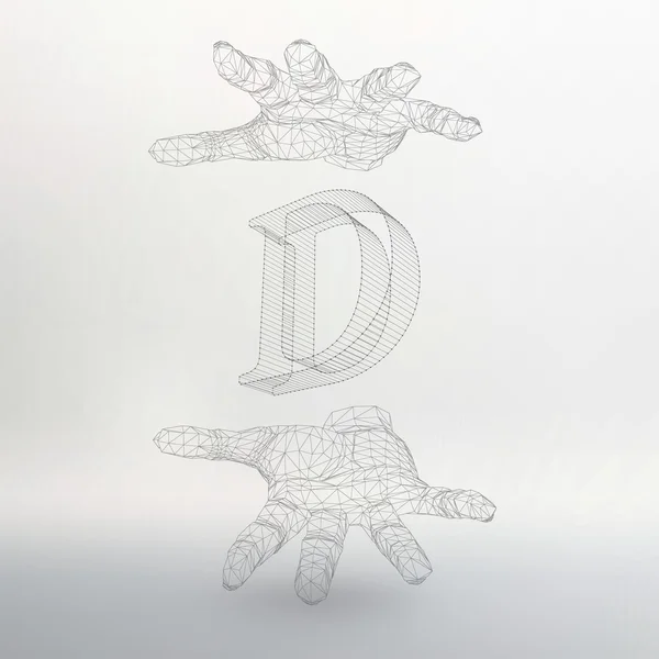 Vector illustration of letter D and hand of lines. Fonts of Mesh polygonal. The structural grid of polygons. Abstract Creative concept vector background. Molecular lattice. Polygonal design style — Stok Vektör