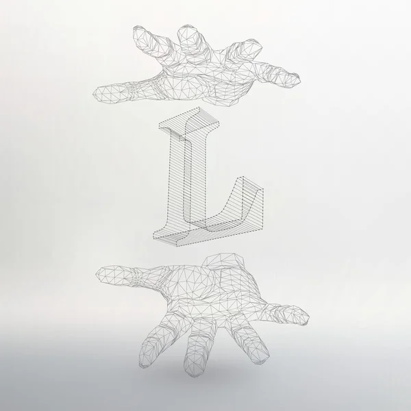 Vector illustration of letter L and hand of lines. Fonts of Mesh polygonal. The structural grid of polygons. Abstract Creative concept vector background. Molecular lattice. Polygonal design style — Wektor stockowy