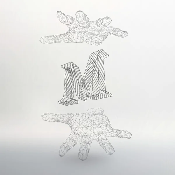 Vector illustration of letter M and hand of lines. Fonts of Mesh polygonal. The structural grid of polygons. Abstract Creative concept vector background. Molecular lattice. Polygonal design style — Διανυσματικό Αρχείο