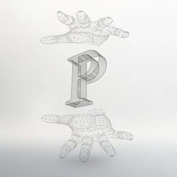 Vector illustration of letter P and hand of lines. Fonts of Mesh polygonal. The structural grid of polygons. Abstract Creative concept vector background. Molecular lattice. Polygonal design style — ストックベクタ