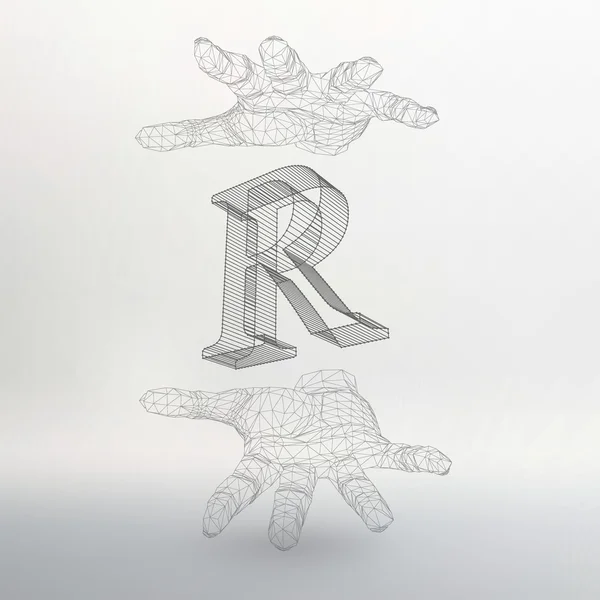 Vector illustration of letter R and hand of lines. Fonts of Mesh polygonal. The structural grid of polygons. Abstract Creative concept vector background. Molecular lattice. Polygonal design style — Stock vektor