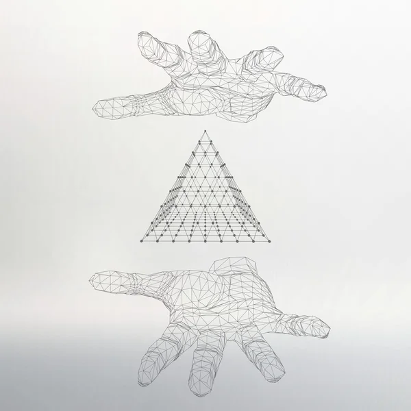 Triangle pyramid on the arm. The hand holding a pyramid. Polygon triangle. Polygonal hand. — Stok Vektör