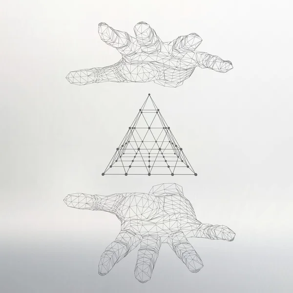 Pirámide triangular en el brazo. La mano sosteniendo una pirámide. Triángulo polígono. Mano poligonal . — Vector de stock