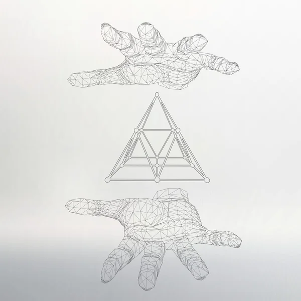 Triangle pyramid on the arm. The hand holding a pyramid. Polygon triangle. Polygonal hand. — Stok Vektör