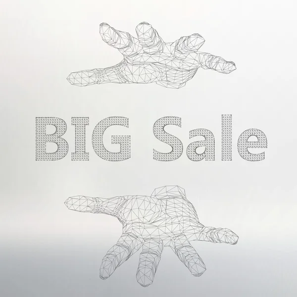 Vector illustration of big sale on the arm. The hand holding big sale. Molecular lattice. Structural mesh of polygons — ストックベクタ