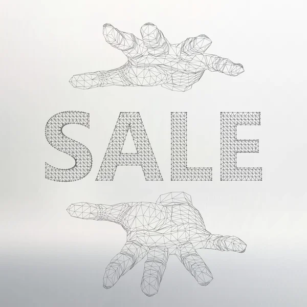 Vector illustration of sale on the arm. The hand holding big sale. Molecular lattice. Structural mesh of polygons — ストックベクタ