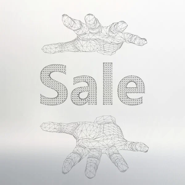 Vector illustration of sale on the arm. The hand holding big sale. Molecular lattice. Structural mesh of polygons — Stok Vektör