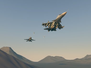 Rus bombardıman Türk savaşçı saldırı. Rus uçağında Türk uçaklarının saldırı. Raster resim. Bilgisayar grafikleri. 3D modeli. Çöl üzerinde savaşın yeniden yürürlüğe girmesi.