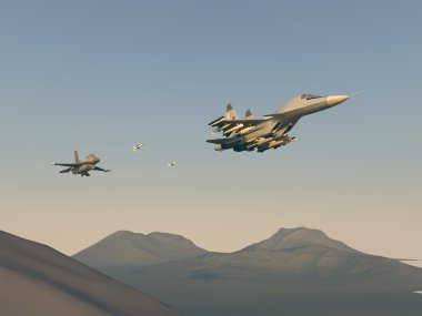 Rus bombardıman Türk savaşçı saldırı. Rus uçağında Türk uçaklarının saldırı. Raster resim. Bilgisayar grafikleri. 3D modeli. Çöl üzerinde savaşın yeniden yürürlüğe girmesi.