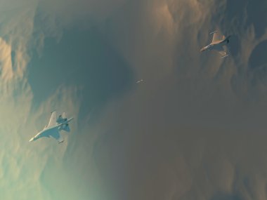 Rus bombardıman Türk savaşçı saldırı. Rus uçağında Türk uçaklarının saldırı. Raster resim. Bilgisayar grafikleri. 3D modeli. Çöl üzerinde savaşın yeniden yürürlüğe girmesi.