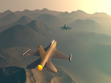 Rus bombardıman Türk savaşçı saldırı. Rus uçağında Türk uçaklarının saldırı. Raster resim. Bilgisayar grafikleri. 3D modeli. Çöl üzerinde savaşın yeniden yürürlüğe girmesi.