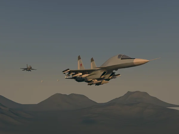 Επίθεση τουρκικών μαχητικών στο ρωσικό βομβαρδιστικό. Επίθεση του τουρκικού αεροσκάφους στο ρωσικό αεροπλάνο. Εικόνα ράστερ. Γραφικά υπολογιστών. 3D μοντέλο. Η αναπαράσταση της μάχης πάνω από την έρημο. — Φωτογραφία Αρχείου