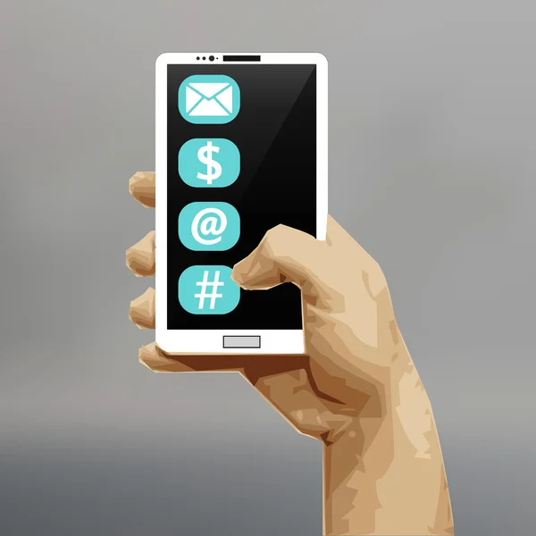 White smart phone in his hand. Working with applications on your smartphone. Hand holding a smartphone. — Stok Vektör