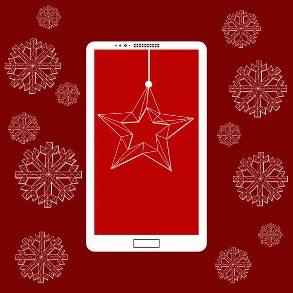 Plochá vektorové ilustrace moderní mobilní telefon s vánoční výzdobou. Strukturální mřížka polygonů. Abstraktní pozadí kreativní koncept. Vánoční ozdoby visí lana. — Stockový vektor