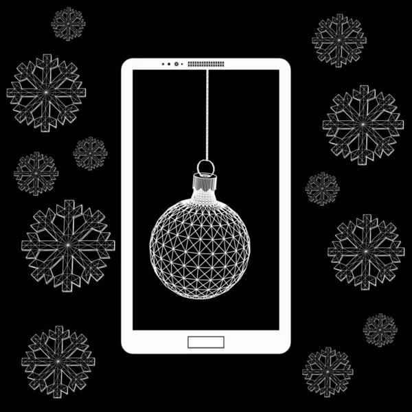 Illustration vectorielle plate de téléphone portable moderne avec décoration de Noël. La grille structurelle des polygones. Résumé Contexte du concept créatif. Ornements de Noël corde suspendue . — Image vectorielle