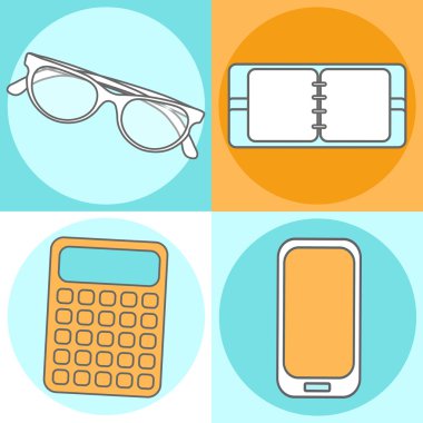 Yaratıcı soyut kavram vektör çizim modern cep telefonu, hesap makinesi, not defteri, güneş gözlüğü ayarlayın. Satır simgeler. Düz tasarım piktogram.