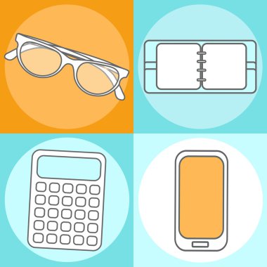 Yaratıcı soyut kavram vektör çizim modern cep telefonu, hesap makinesi, not defteri, güneş gözlüğü ayarlayın. Satır simgeler. Düz tasarım piktogram.