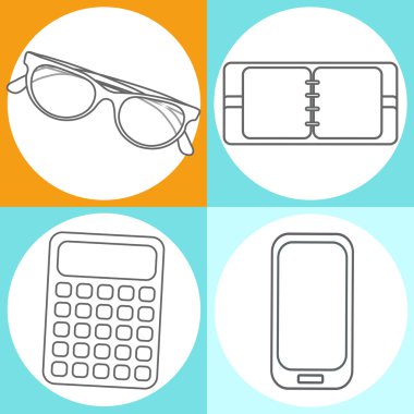 Yaratıcı soyut kavram vektör çizim modern cep telefonu, hesap makinesi, not defteri, güneş gözlüğü ayarlayın. Satır simgeler. Düz tasarım piktogram.