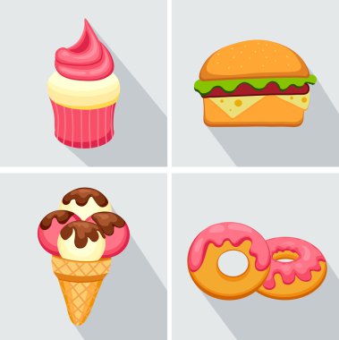 Pembe sır, çilekli Muffin, hamburger ve dondurma ile çörek simgesiyle uzun gölge ayarlayın. Vektör çizim eps 10