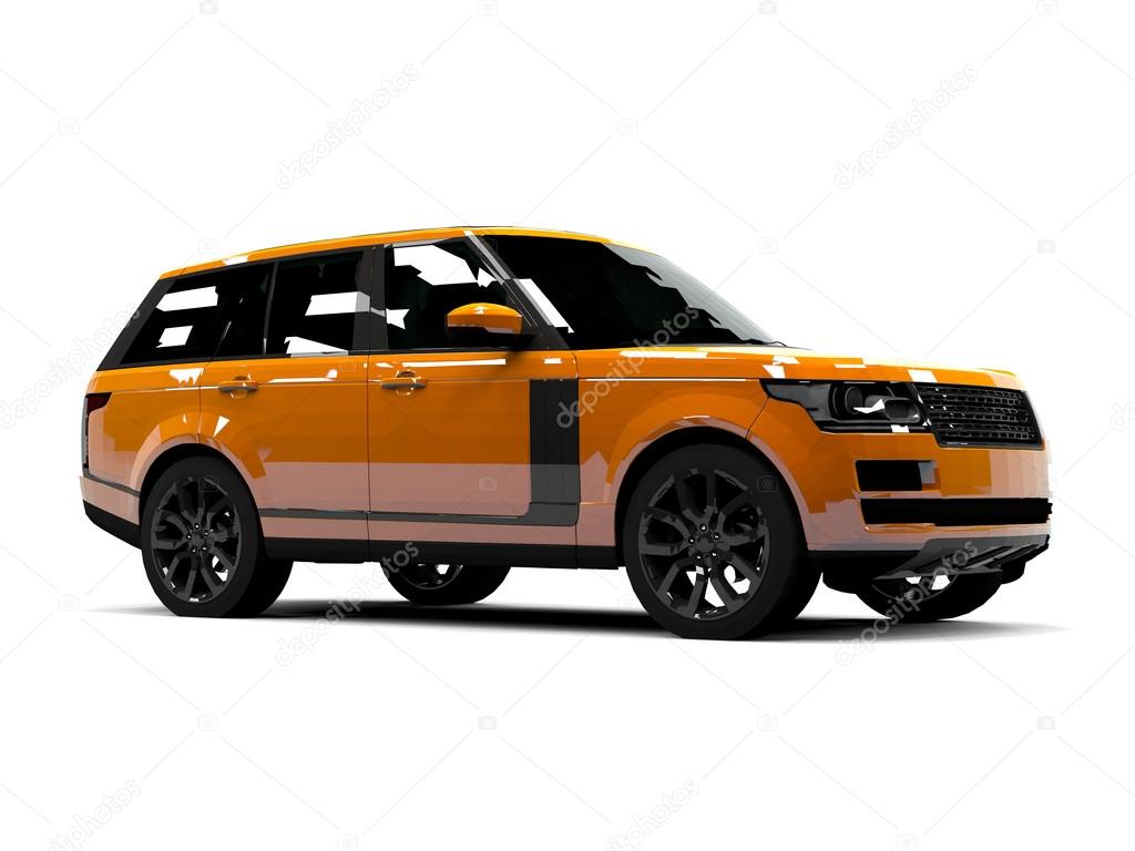 Large luxury SUV orange. Front and side. White isolated background.