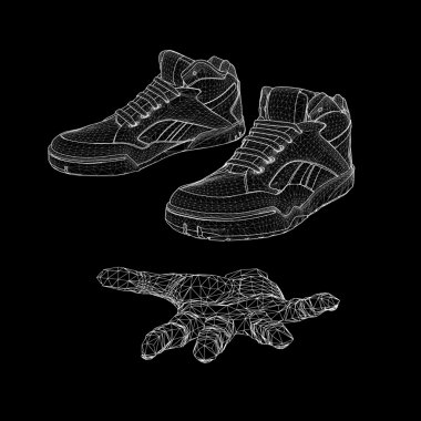 Vector illustration eps 10 of Sport shoes for running on the arm. The hand holding a shoes. Scope of lines and dots. Molecular lattice. The structural grid of polygons.
