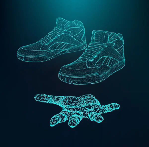 Ilustración vectorial eps 10 de Zapatillas deportivas para correr en el brazo. La mano sosteniendo un zapato. Alcance de líneas y puntos. Rejilla molecular. La rejilla estructural de los polígonos . — Vector de stock