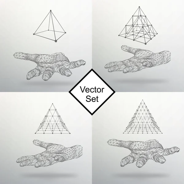 Set triangle pyramid on the arm. The hand holding a pyramid. Polygon triangle. Polygonal hand. The shadow of the objects in the background. — Stock vektor