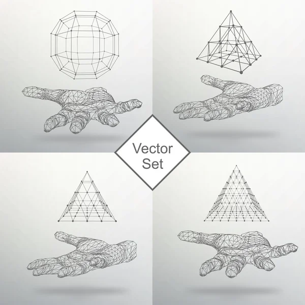 Set triangle pyramid and Ball on the arm. The hand holding a pyramid. Polygon triangle. Polygonal hand. The shadow of the objects in the background. — Stockový vektor