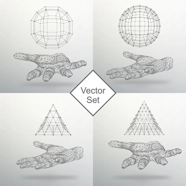 Establecer pirámide triangular y bola en el brazo. La mano sosteniendo una pirámide. Triángulo polígono. Mano poligonal. La sombra de los objetos en el fondo . — Vector de stock