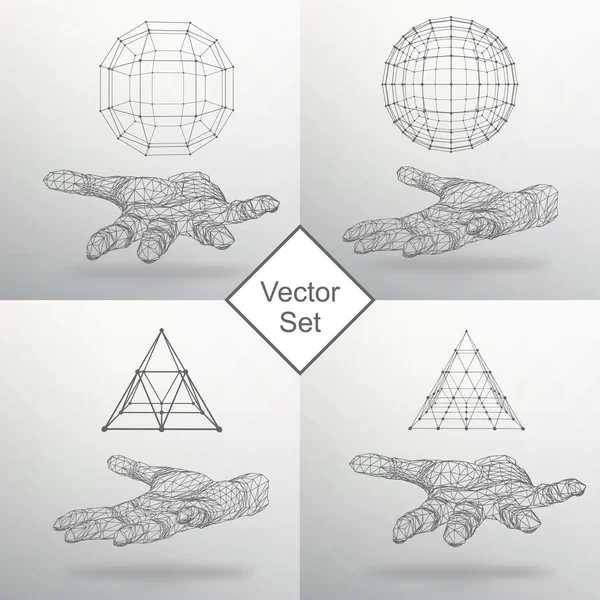 Definir pirâmide triangular e bola no braço. A mão segurando uma pirâmide. Triângulo polígono. Mão poligonal. A sombra dos objetos no fundo . — Vetor de Stock