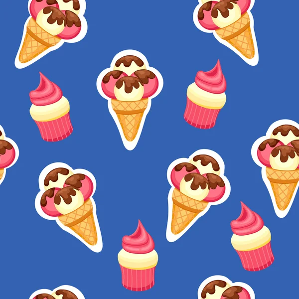 Mustereis und Cupcake Vektor Illustration. Hintergrund der Textur Erdbeer-Vanille-Eis-Dessert und Erdbeer-Muffin. — Stockvektor