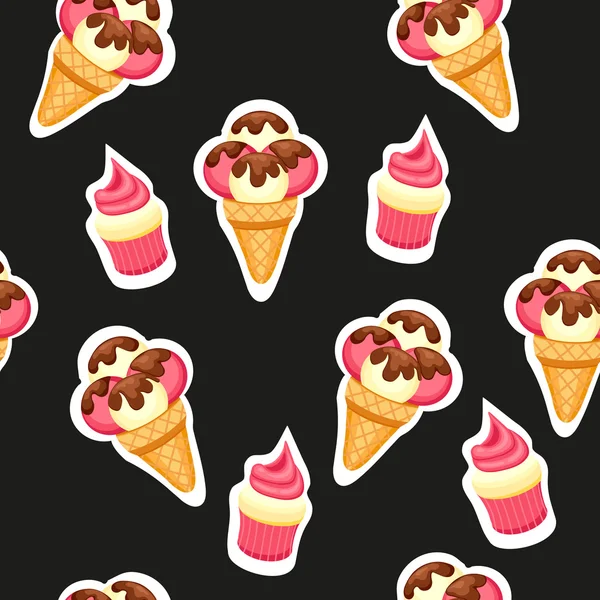 Ilustracja wektorowa wzór Ice Cream i ciastko. Tło tekstura truskawka i waniliowy deser lodowy i truskawka Muffin. — Wektor stockowy