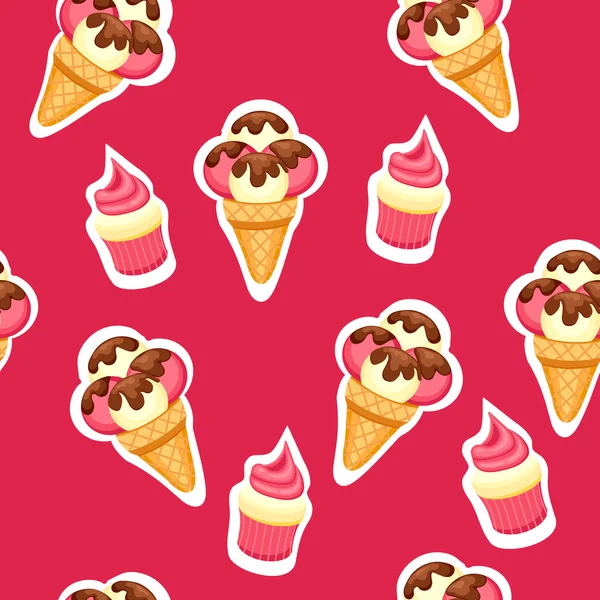 Mustereis und Cupcake Vektor Illustration. Hintergrund der Textur Erdbeer-Vanille-Eis-Dessert und Erdbeer-Muffin. — Stockvektor