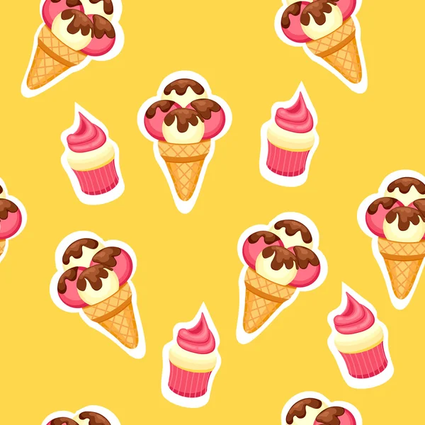 Ilustracja wektorowa wzór Ice Cream i ciastko. Tło tekstura truskawka i waniliowy deser lodowy i truskawka Muffin. — Wektor stockowy