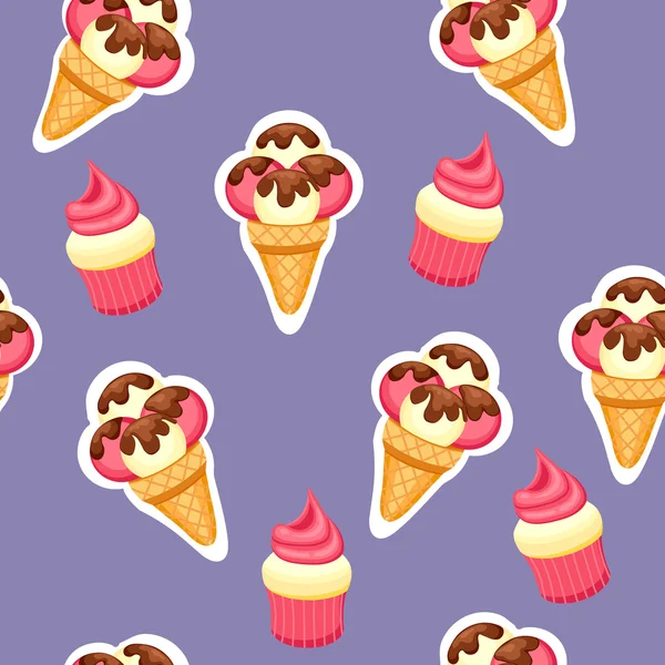 Ilustracja wektorowa wzór Ice Cream i ciastko. Tło tekstura truskawka i waniliowy deser lodowy i truskawka Muffin. — Wektor stockowy