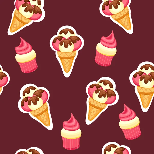 Illustration vectorielle Motif Crème glacée et Cupcake. Fond de texture crème glacée aux fraises et vanille dessert et muffin aux fraises . — Image vectorielle