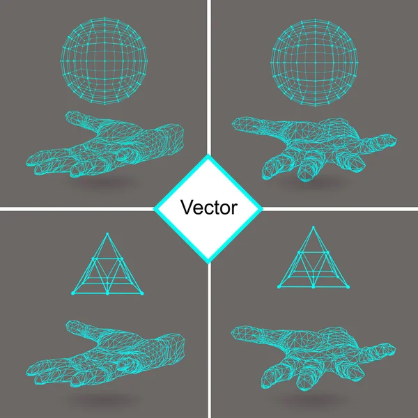 Establecer pirámide triangular y bola en el brazo. La mano sosteniendo una pirámide. Triángulo polígono. Mano poligonal. La sombra de los objetos en el fondo . — Vector de stock