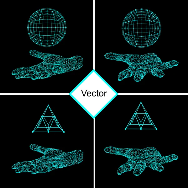 Establecer pirámide triangular y bola en el brazo. La mano sosteniendo una pirámide. Triángulo polígono. Mano poligonal. La sombra de los objetos en el fondo . — Vector de stock