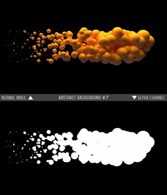 Shiny balls in random order hanging in the air on a black background. Abstract illustration with spheres. A cloud of orange shiny bubbles. Alpha channel. Transparency mask.