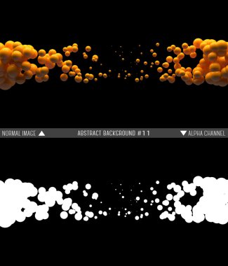 Shiny balls in random order hanging in the air on a black background. Abstract illustration with spheres. A cloud of orange shiny bubbles. Alpha channel. Transparency mask.