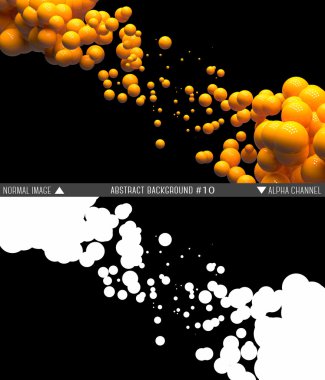 Shiny balls in random order hanging in the air on a black background. Abstract illustration with spheres. A cloud of orange shiny bubbles. Alpha channel. Transparency mask.