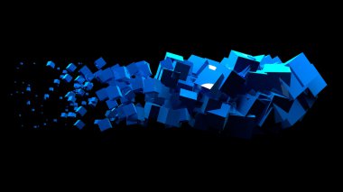 Siyah bir arka planda havada rastgele sallanan parlak küpler. Küplerle soyut illüstrasyon. Turuncu parlak bir kutu bulutu.