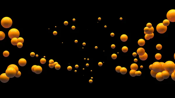 在一个黑色的背景上，一个随机排列的小球挂在空中。用球体作摘要说明。一片橙色的闪亮的气泡. — 图库照片