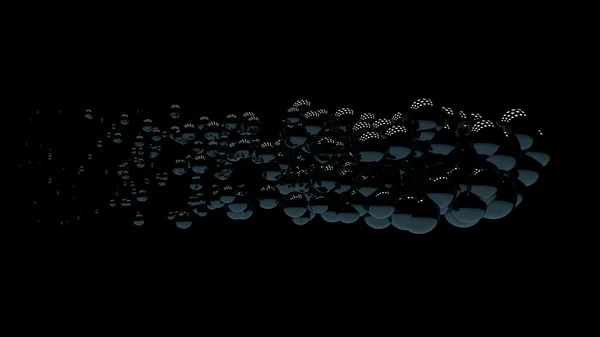 Блискучі кульки у випадковому порядку висять у повітрі на чорному тлі. Абстрактна ілюстрація зі сферами. Хмара чорних блискучих бульбашок . — стокове фото