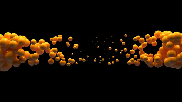 Блискучі кульки у випадковому порядку висять у повітрі на чорному тлі. Абстрактна ілюстрація зі сферами. Хмара помаранчевих блискучих бульбашок . — стокове фото