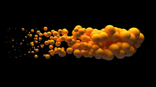 Блискучі кульки у випадковому порядку висять у повітрі на чорному тлі. Абстрактна ілюстрація зі сферами. Хмара помаранчевих блискучих бульбашок . — стокове фото