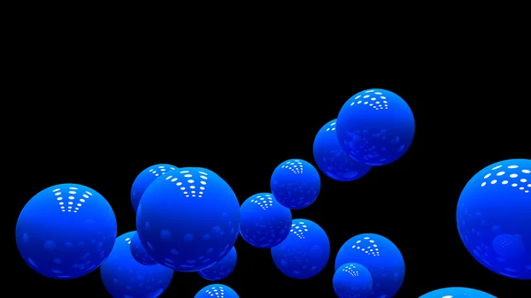 Shiny balls in random order hanging in the air on a black background. Abstract illustration with spheres. A cloud of blue shiny bubbles. — 图库照片