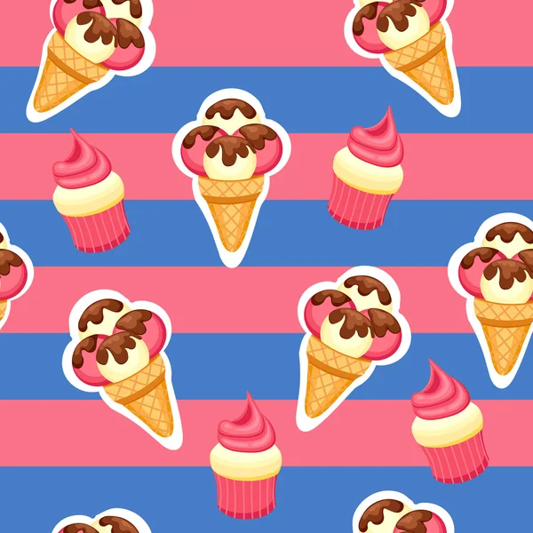 Padrão Sorvete e Cupcake ilustração vetorial. Fundo de textura morango e baunilha Sobremesa de sorvete e Muffin de morango . —  Vetores de Stock