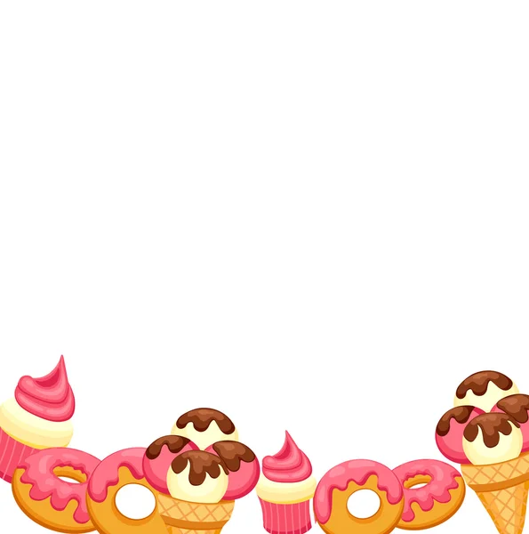 Fundo baunilha Sorvete, bolo de morango e donut com esmalte rosa. Ilustração vetorial eps 10 para o seu design . — Vetor de Stock